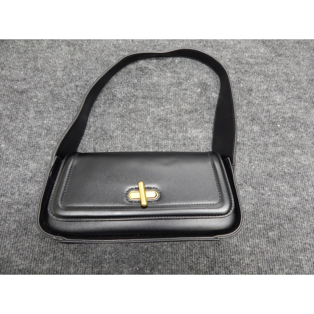 Rachel Zoe Black Faux Leather Shoulder Bag Gold Turn Lock Minimalist Baguette